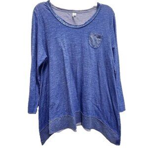 Lulu B Womens Lagenlook Tunic Top Size Medium Blue Sequined Sharkbite 3/4 Sleeve